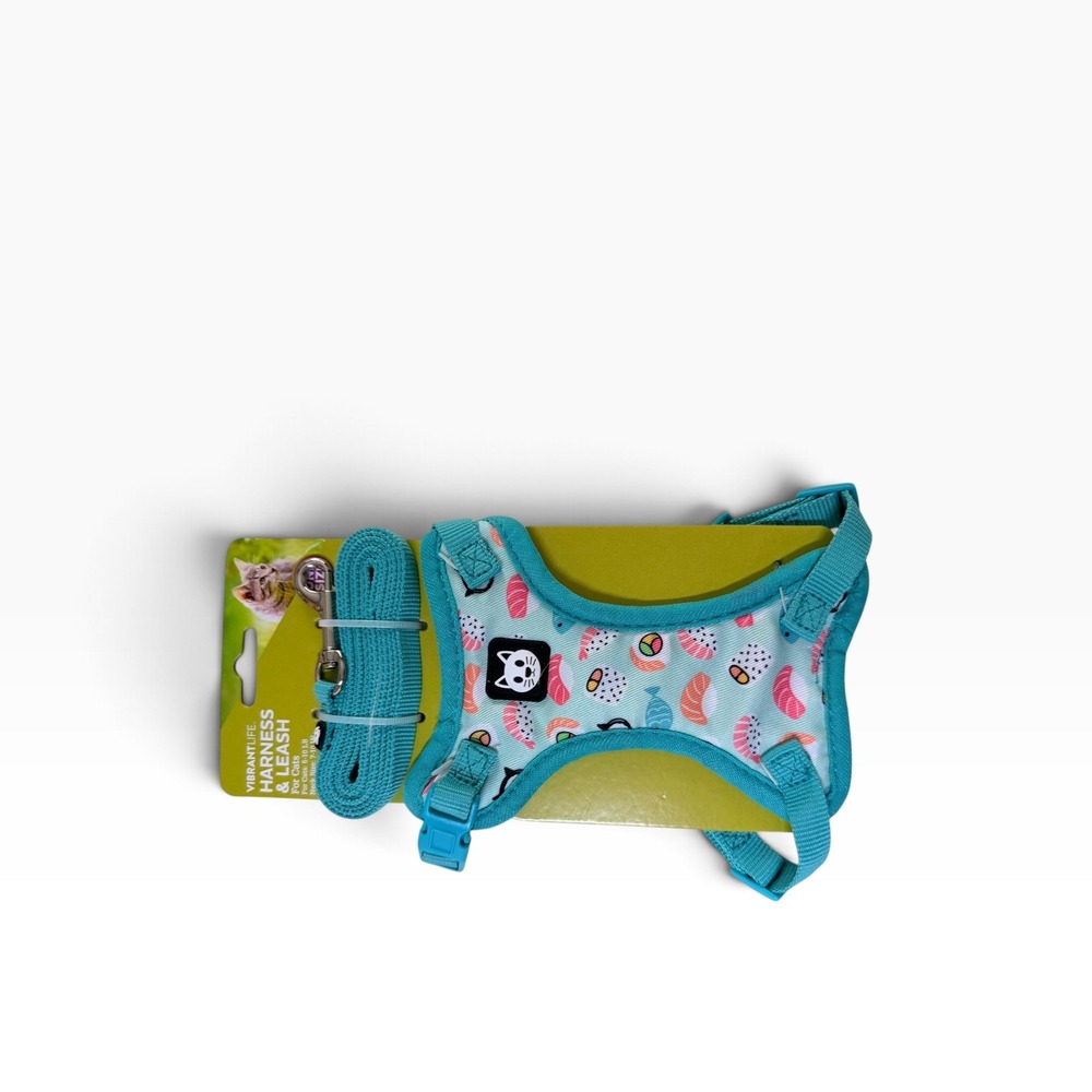 Vibrant Life Cat Harness and Leash Set One Size Teal Sushi Print Adjustable